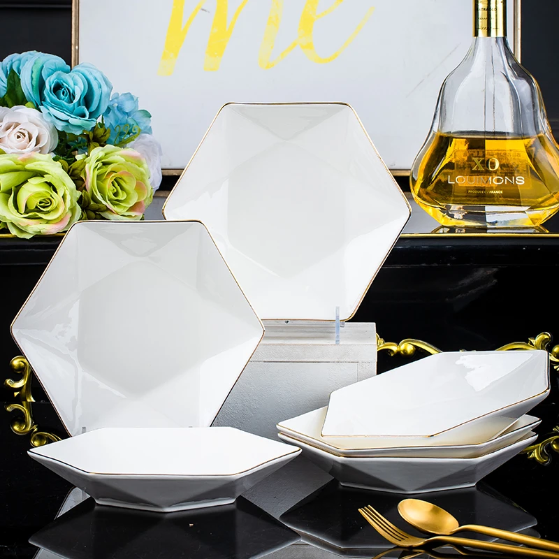 白色描金8英寸六角盘【10个装】