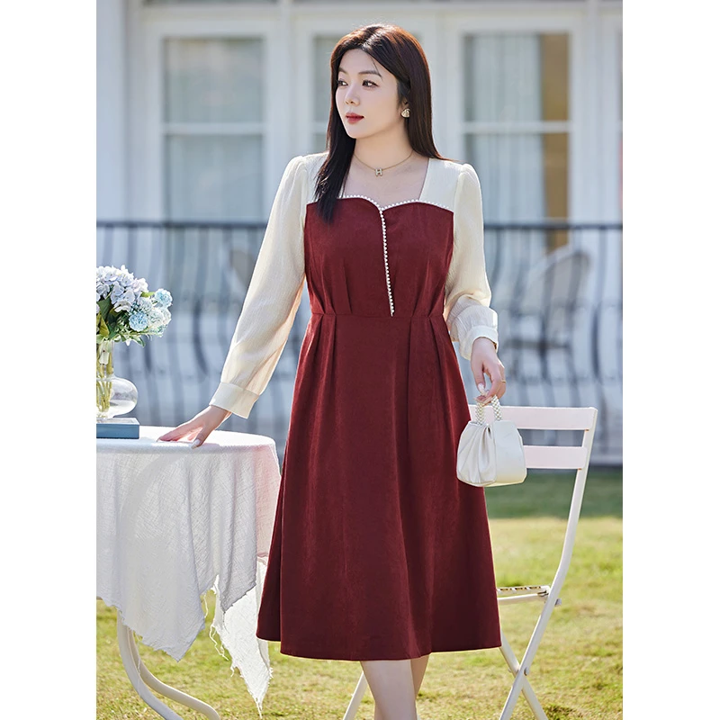 2023年冬装新款气质红色连衣裙大码胖MM显瘦收腰喜庆A字长裙