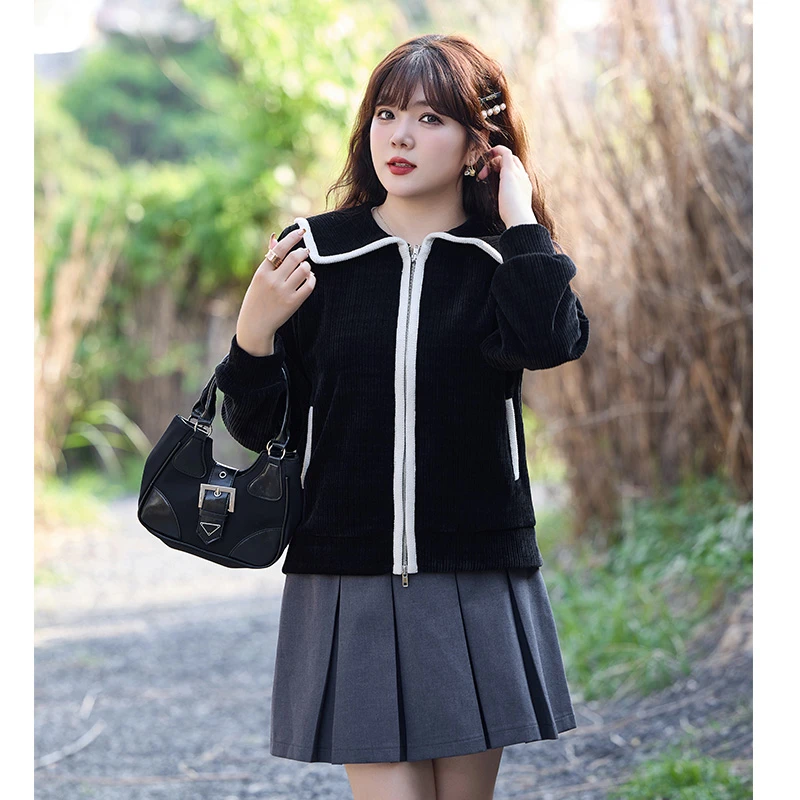 2023秋冬新款大码女装显瘦胖MM黑色短外套慵懒风宽松别致毛针织衫