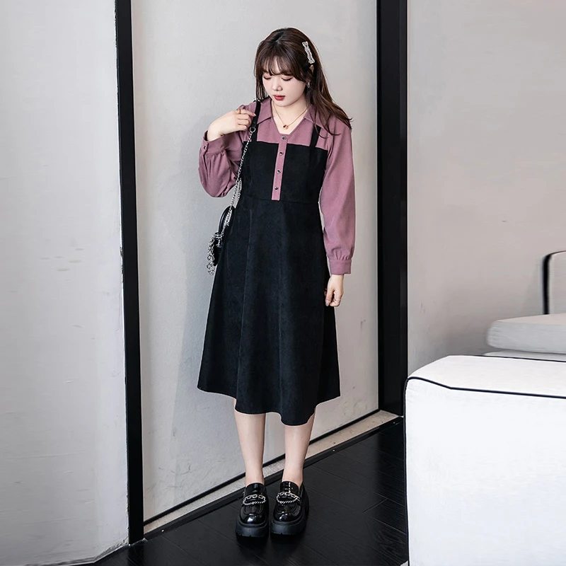 绮娑胖妹妹大码女装2023年早春胖mm显瘦遮肉拼接长款大码连衣裙