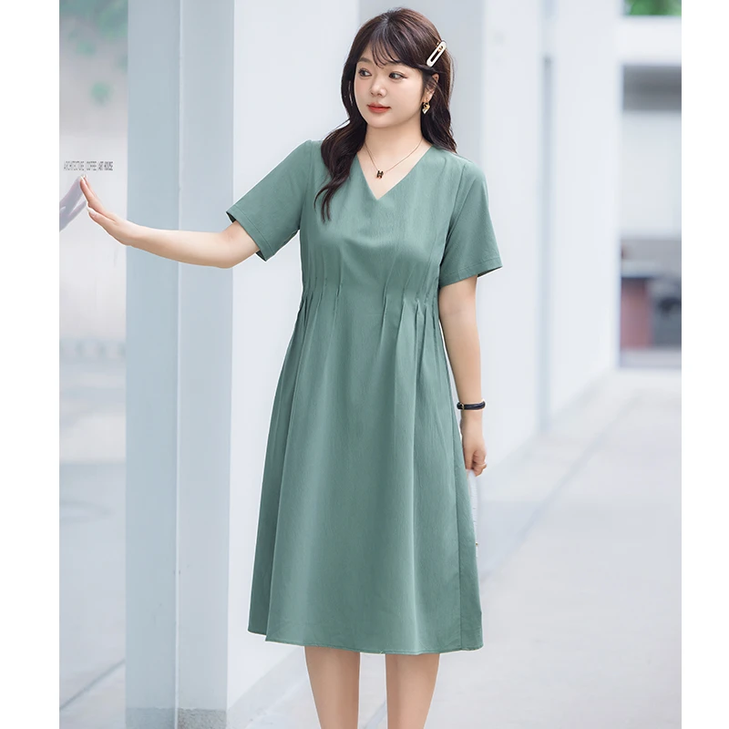 大码女装2024夏季新款V领气质长裙子A字收腰遮肚子显瘦胖MM连衣裙