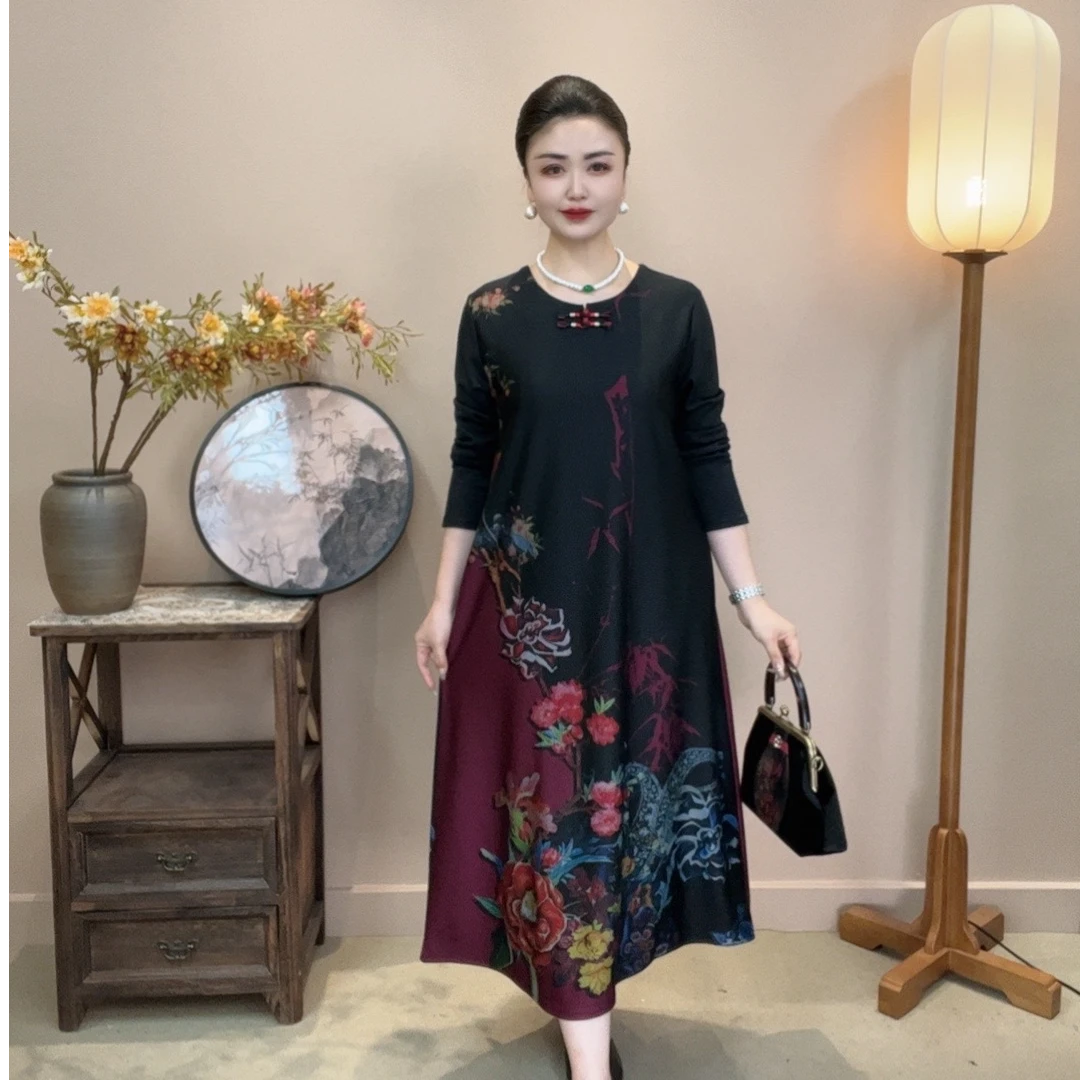 【盘扣一枝花】9801#中国风遮肉显瘦高贵洋气时尚秋款妈妈装连衣裙