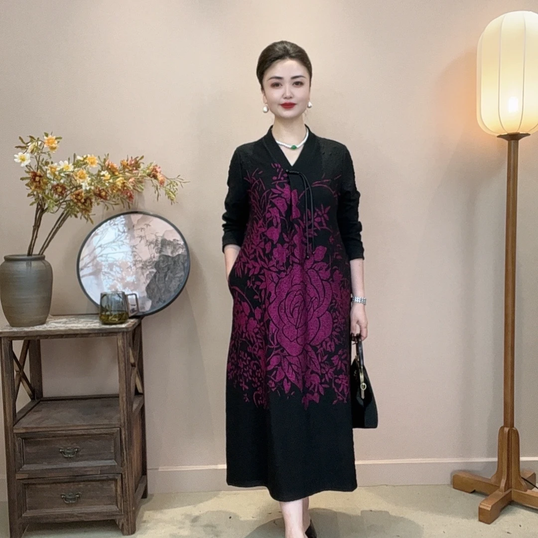 【V领流苏裙】680g升级加厚秋冬气质宽松高贵优雅妈妈装中长连衣裙