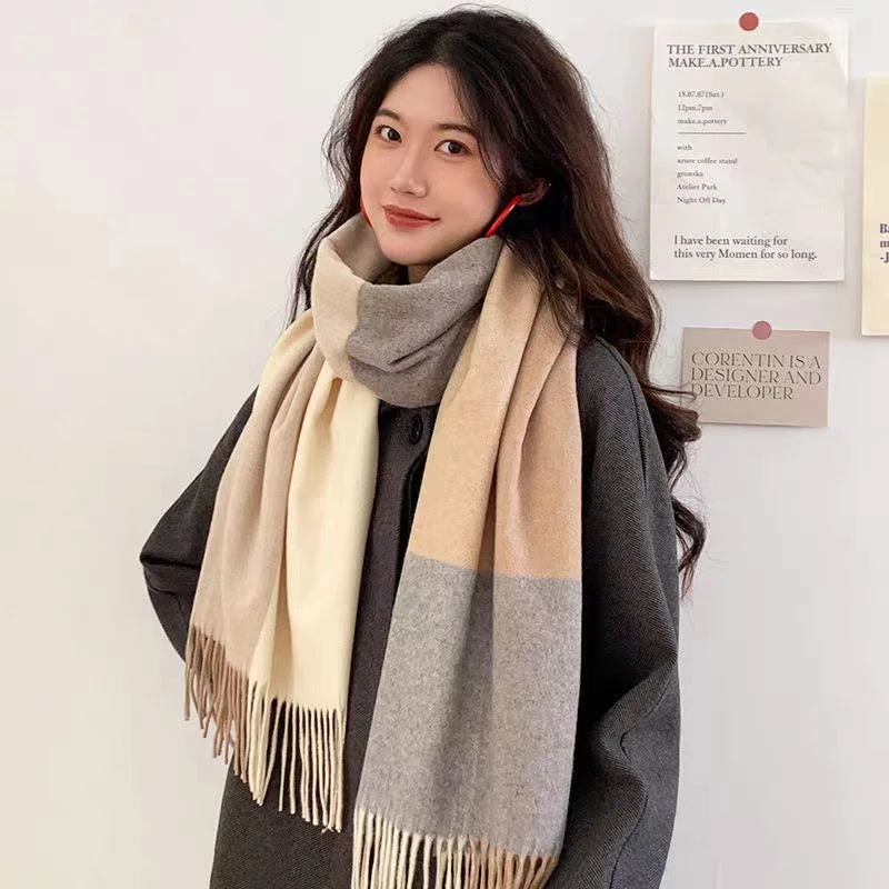 VEC围巾女冬季韩版百搭燕麦色大格拼接长款加厚保暖围脖