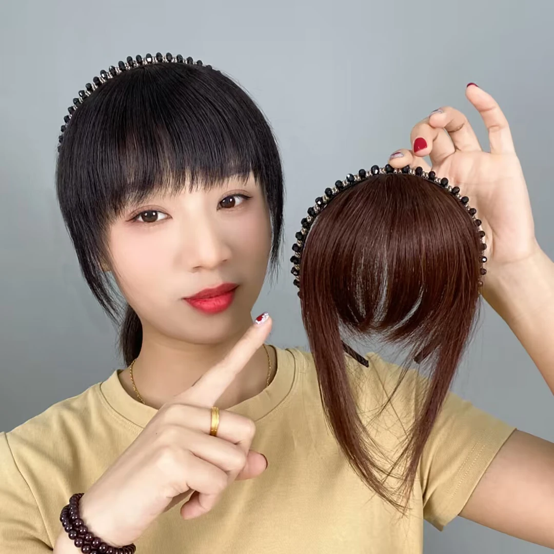顶盛假发时尚水晶发箍刘海一体真发修颜减龄空气刘海头顶假发片女