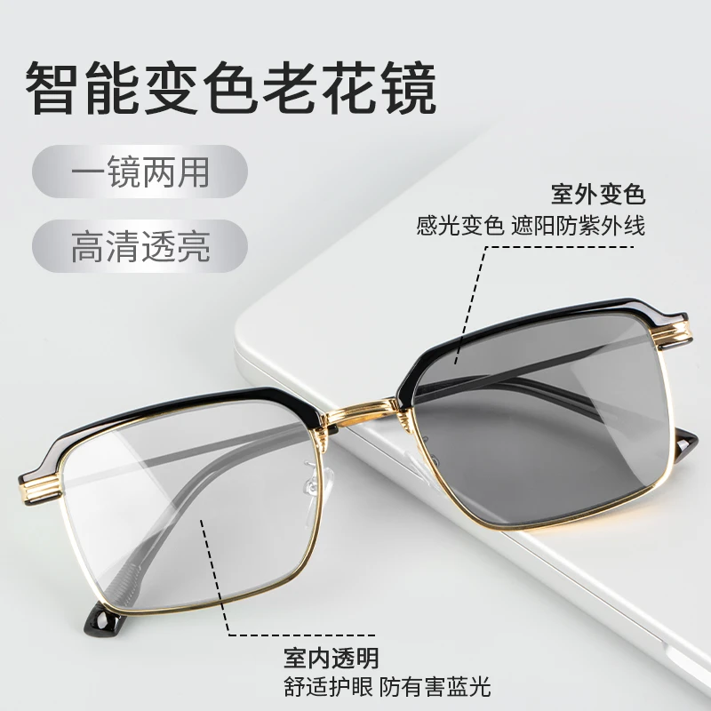 【智能感光变色】高端时尚防蓝光高颜值金属黑框设计老花镜 遮阳