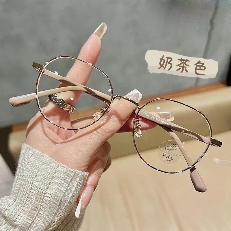 韩系显白奶茶色眼镜框女可配近视度数素颜文艺小圆框金丝眼睛镜架