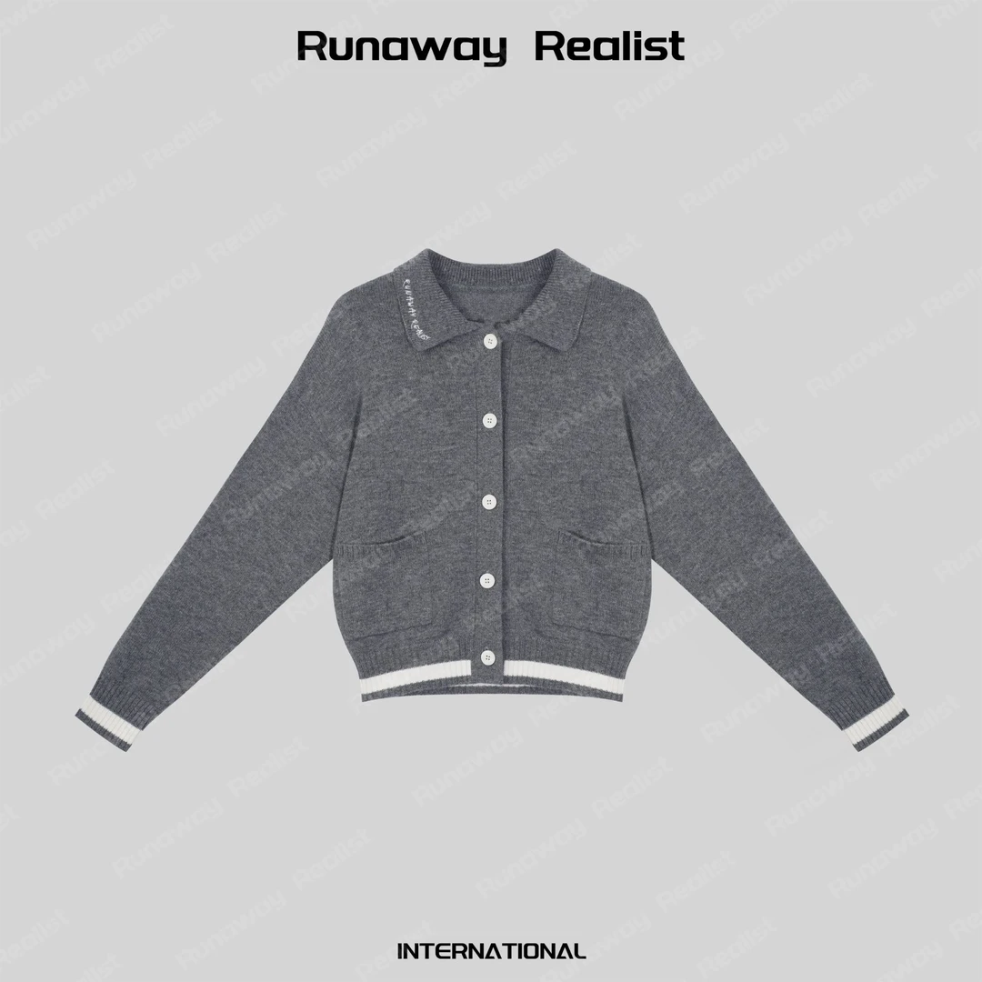 【RUNAWAY REALIST】拼色设计Polo领宽松加厚全羊毛针织开衫 W282