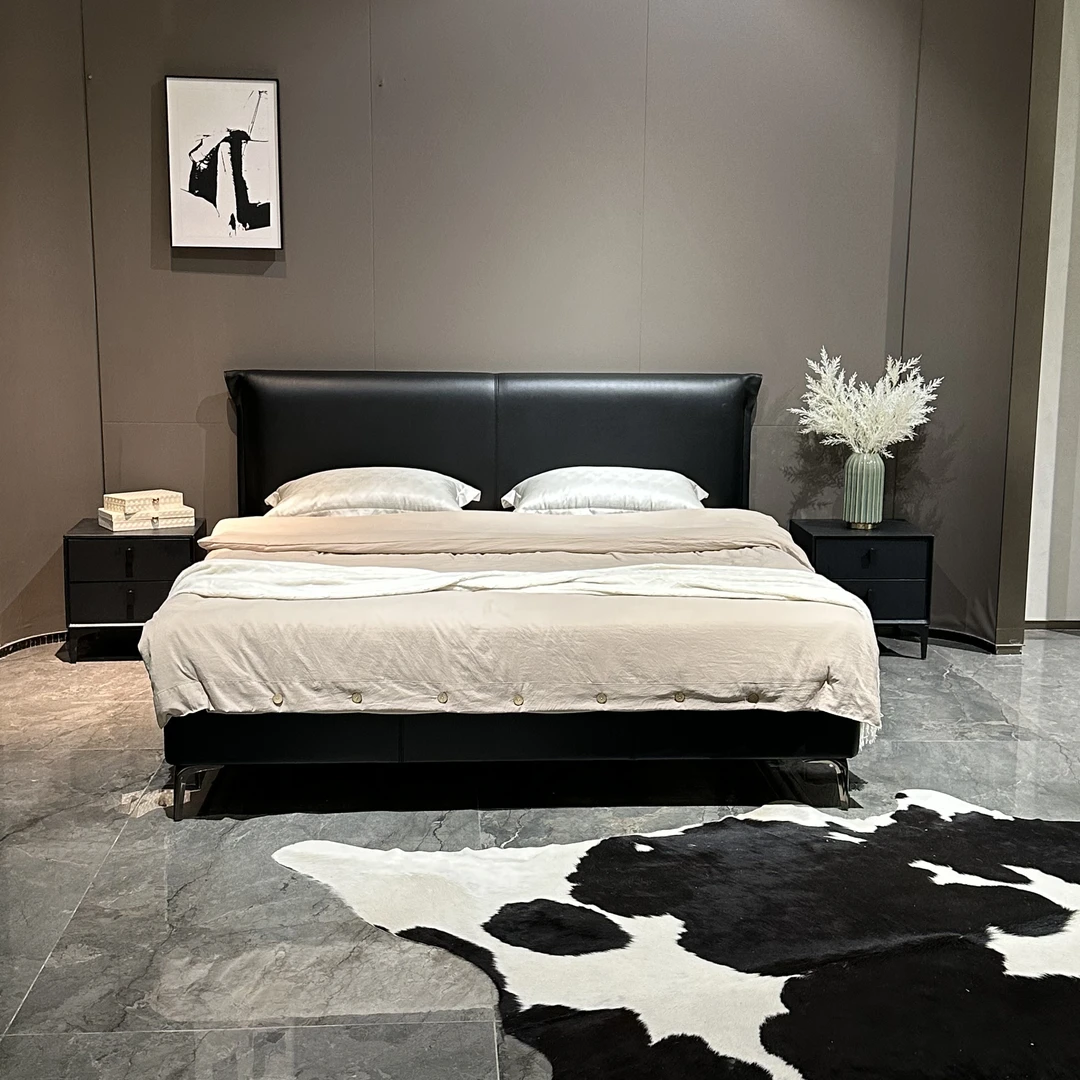 【小香风】全真皮意式极简小户型主卧双人床现代简约高档软包婚床