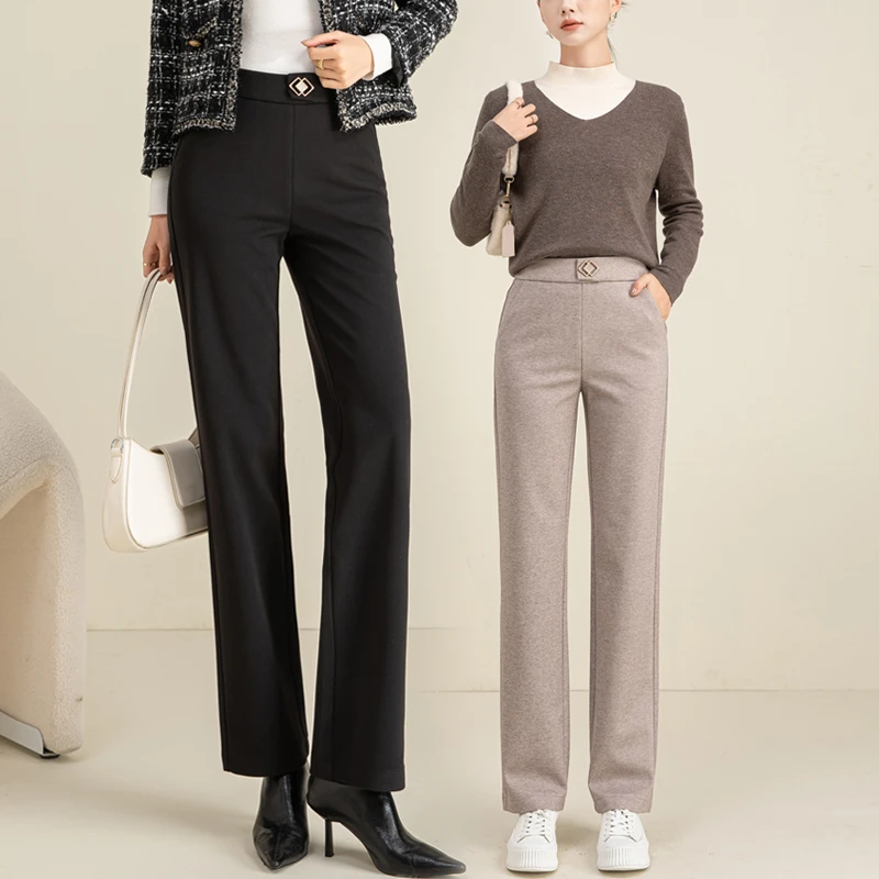 加厚直筒裤女2025新款秋冬毛呢高腰阔腿裤松紧腰垂感西装裤长裤子