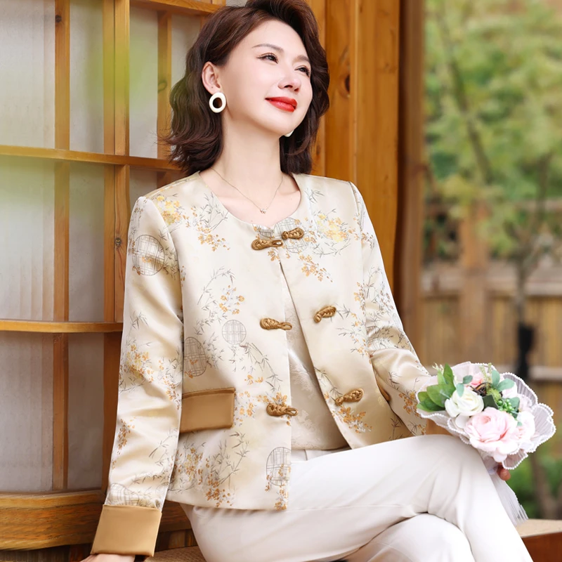 妈妈秋装薄款短外套新中式国风上衣2024新款中老年女春秋夹克衣服