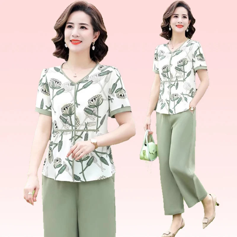 2025新款夏季中年妈妈装时尚洋气显瘦夏装中老年套装减龄气质雪纺