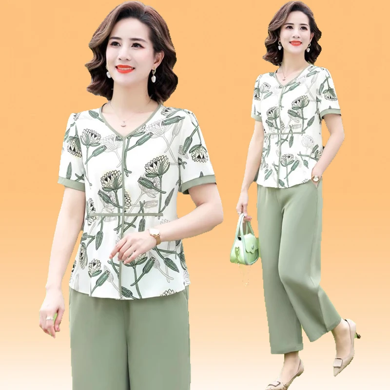妈妈装洋气显瘦夏装短袖时尚中年女中老年套装休闲减龄气质两件套