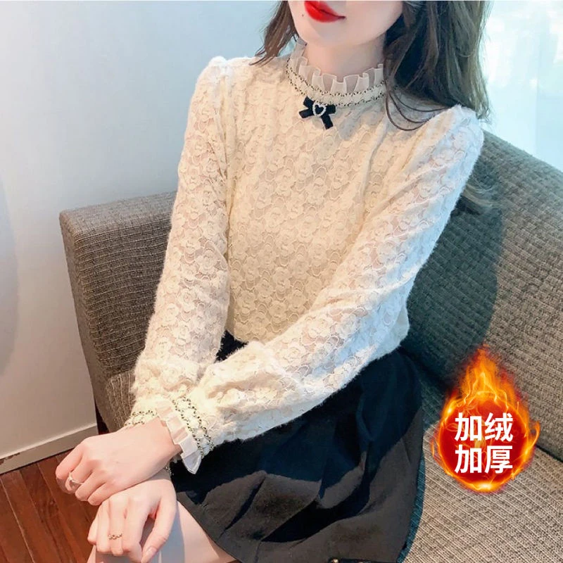 2024新款内搭秋冬加绒时尚漂亮高级感洋气小衫半高领蕾丝打底衫女
