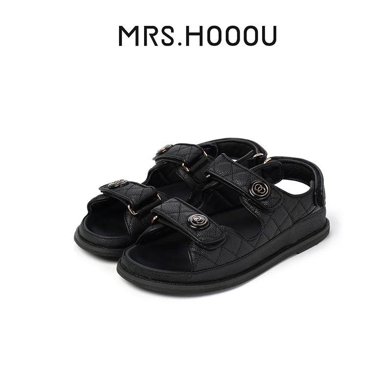 猴夫人 小香风魔术贴凉鞋真皮后底罗马鞋女夏季外穿露趾沙滩鞋