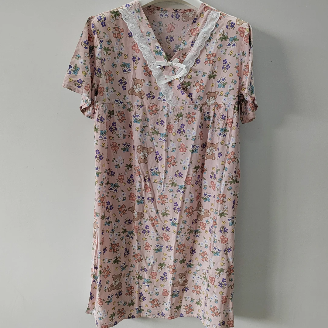 短袖睡裙女夏棉绸睡衣绵绸睡衣裙人造棉连衣裙薄款大码宫廷公主风