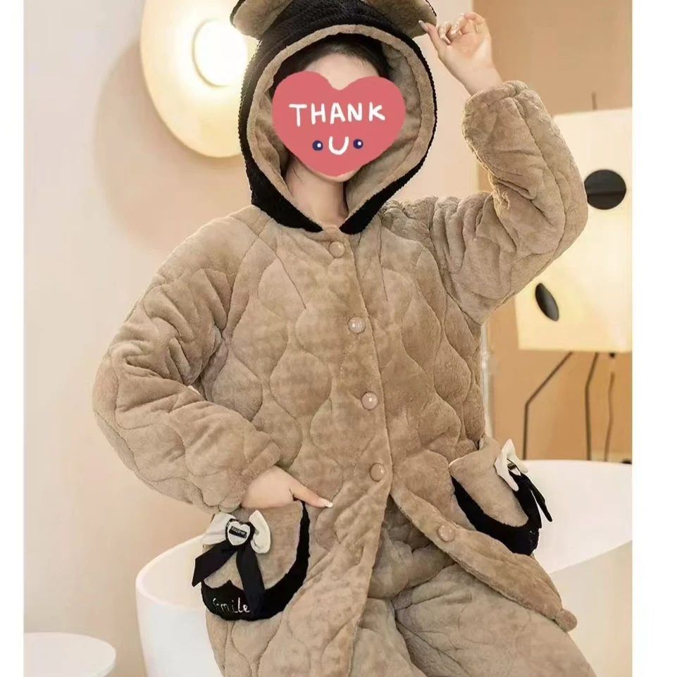 秋冬季牛奶绒睡衣女三层夹棉加厚大码2024新款保暖家居服套装冬款