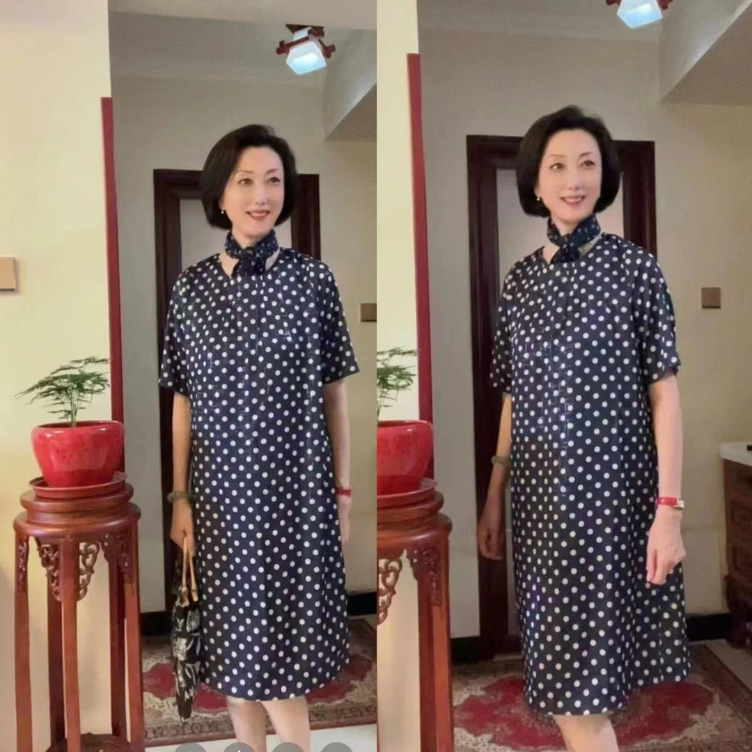 O法式复古圆领缎面手感垂感气质范优雅直筒短袖连衣裙宽松女裙