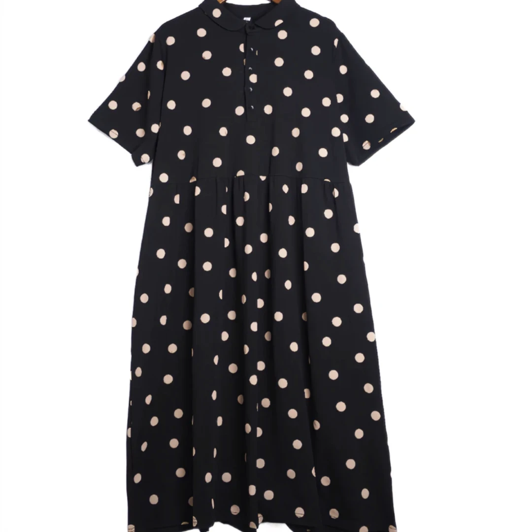 休闲波点腰间捏褶大口袋娃娃领减龄夏季黑色显瘦连衣裙宽松【雅丹】