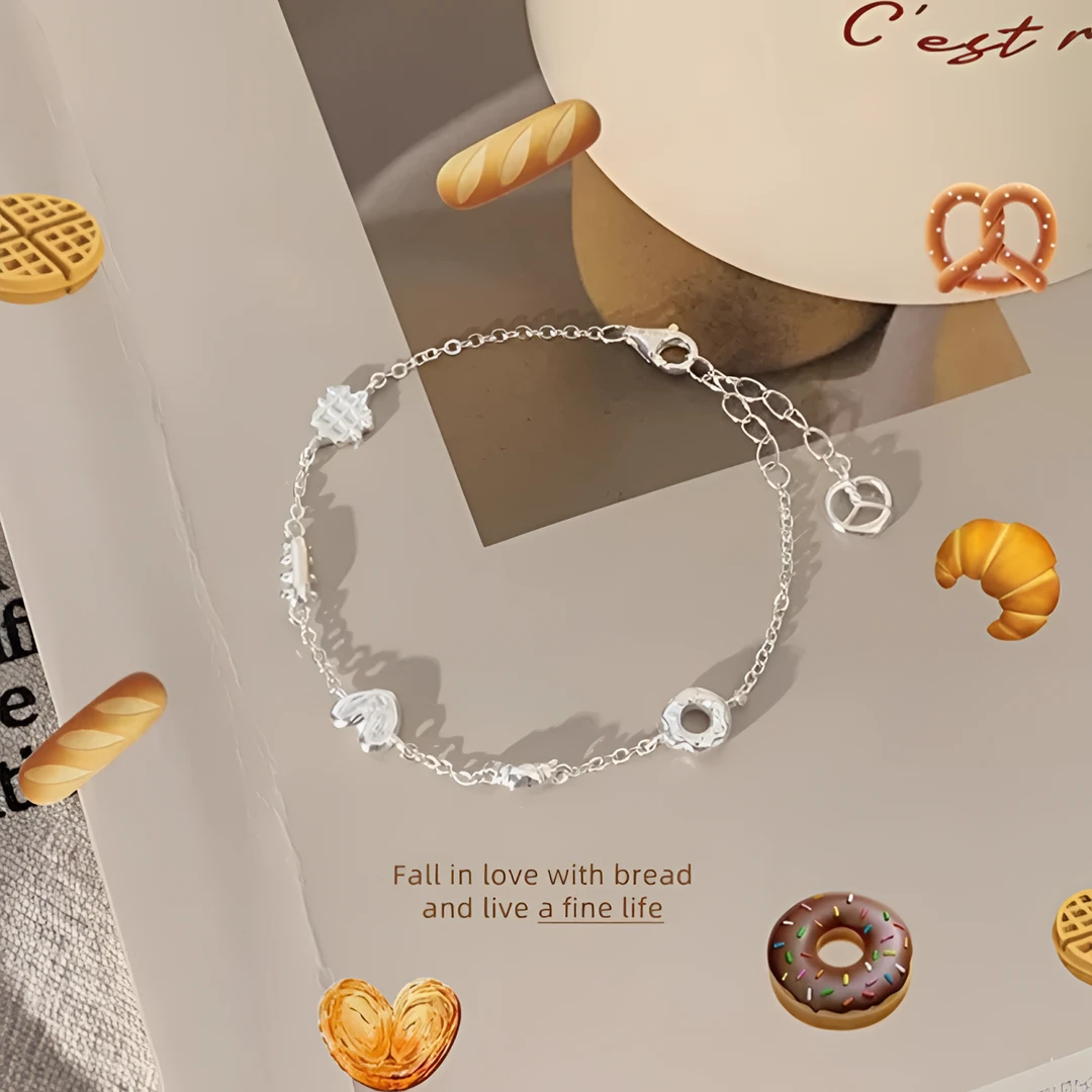 925银手链 S925银牛角包华夫饼碱水结甜甜圈时尚百搭手链7028