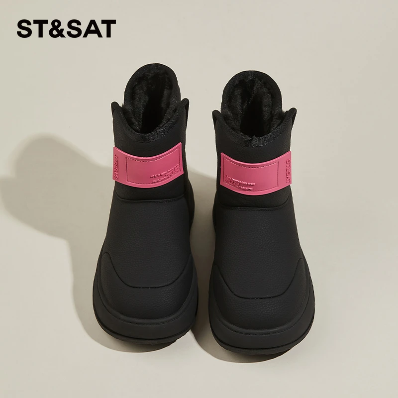 星期六雪地靴女冬季加绒厚底棉鞋2025新款防寒保暖靴子黑色中筒靴