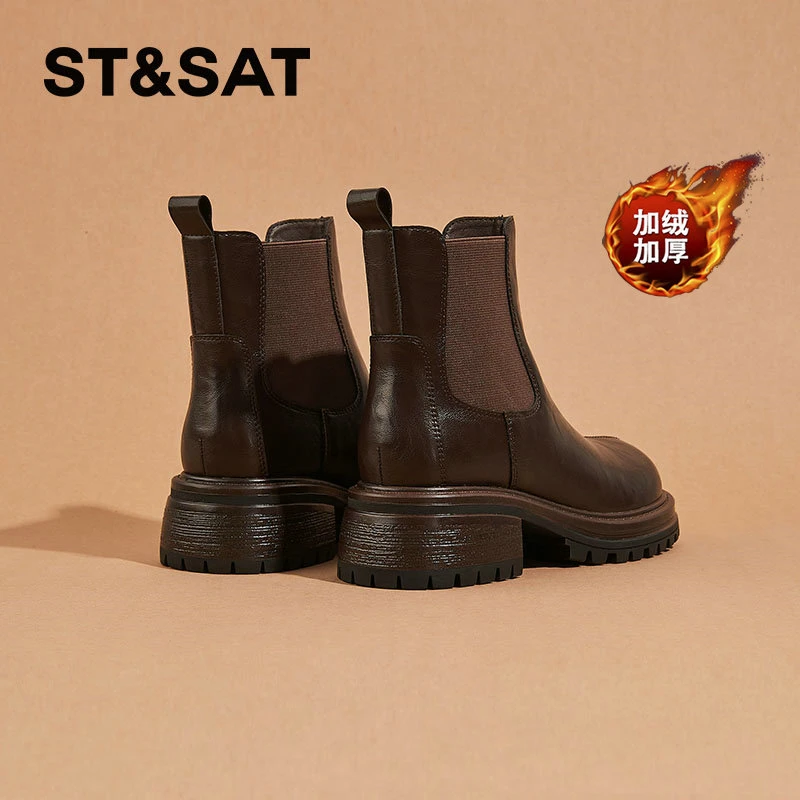 星期六学院风厚底加绒切尔西短靴2025冬季英伦风真皮中筒马丁靴子