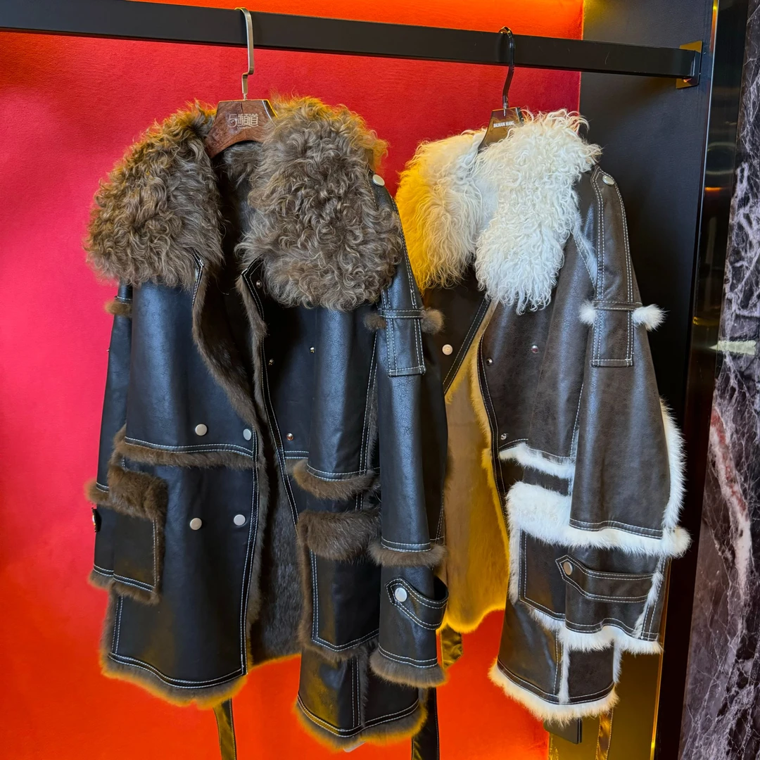 秋冬撞色中长款大羊毛领时尚皮毛一体翻领女装30783