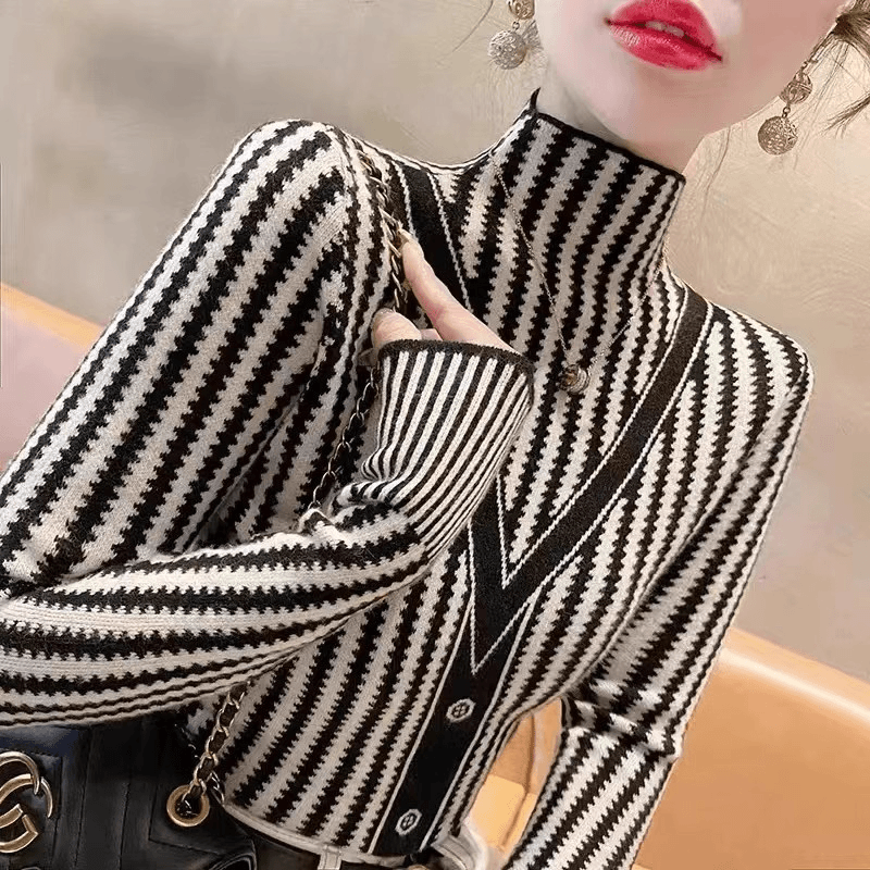 半高领修身条纹打底毛衣针织衫女秋冬新款洋气内搭紧身长袖上衣