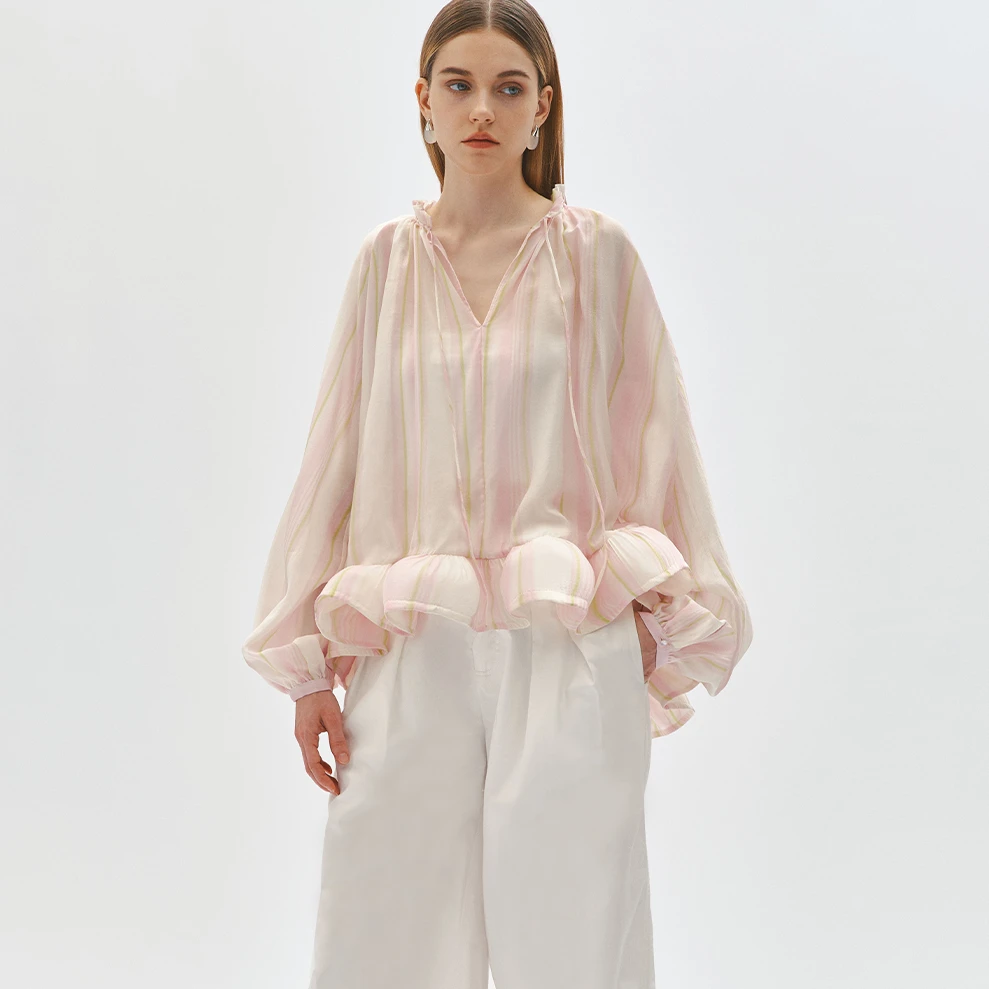 FUNINO设计感显瘦轻奢剪影手绘花苞A字长袖衬衫粉白通勤夏日度假