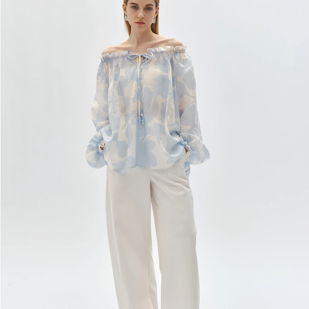 FUNINO 设计感手绘印花圆领一字领两穿长袖女衬衫搭内衬蓝白度假