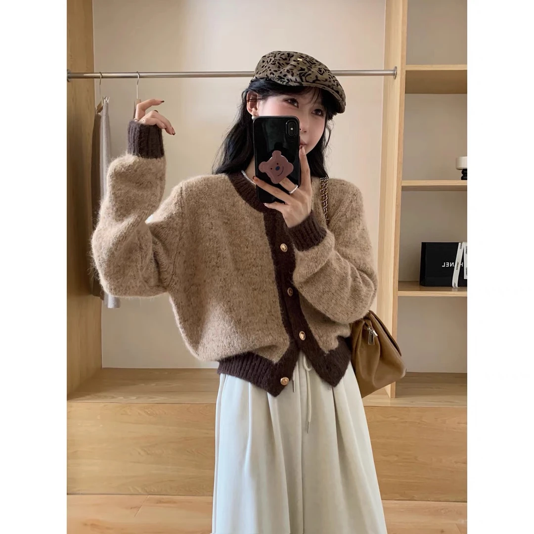 韩系撞色设计感小金扣毛衣1014