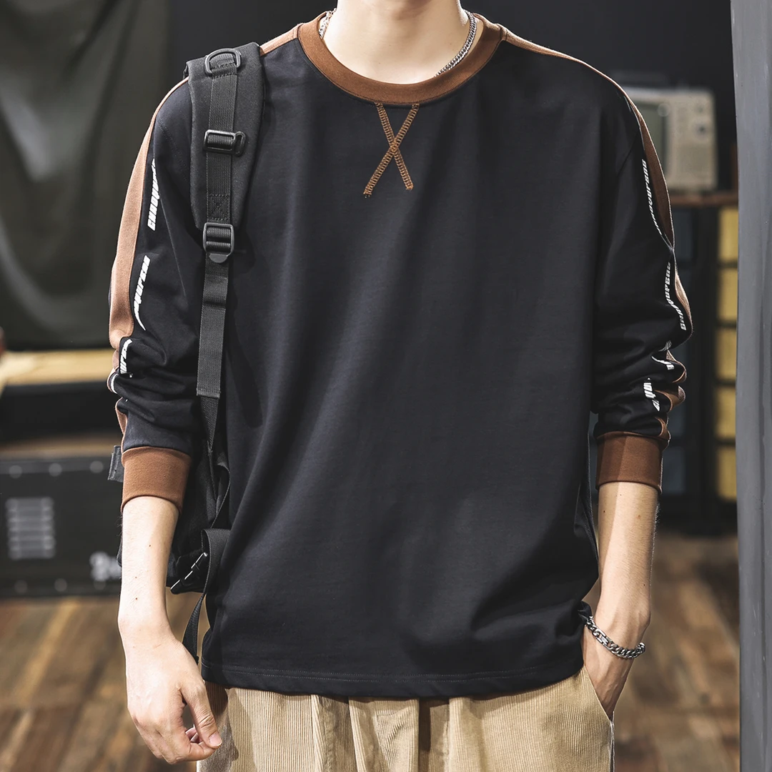 撞色拼接长袖t恤男2025新款秋冬圆领打底衫衣服宽松大码加绒卫衣