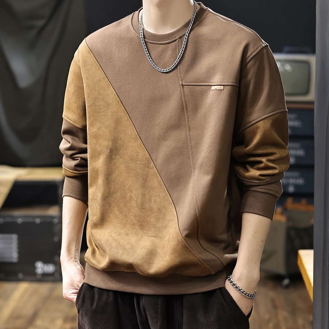450g重磅潮牌拼接圆领卫衣男士秋冬宽松大码美式复古磨毛加绒上衣
