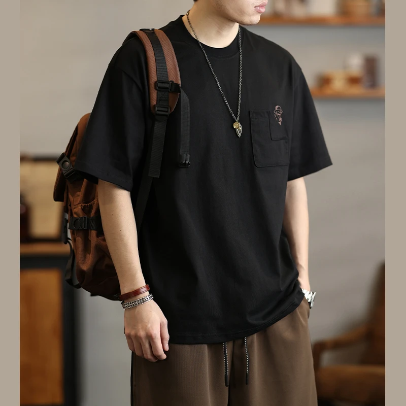 美式潮牌口袋印花短袖t恤男士夏季宽松重磅纯棉圆领半袖体恤上衣