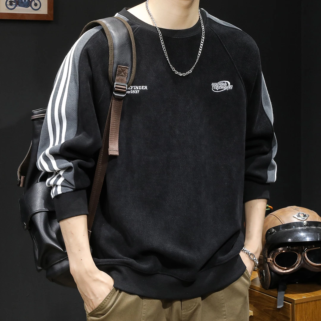 重磅潮牌圆领卫衣男士秋冬2025新款男款宽松大码条纹加绒长袖衣服