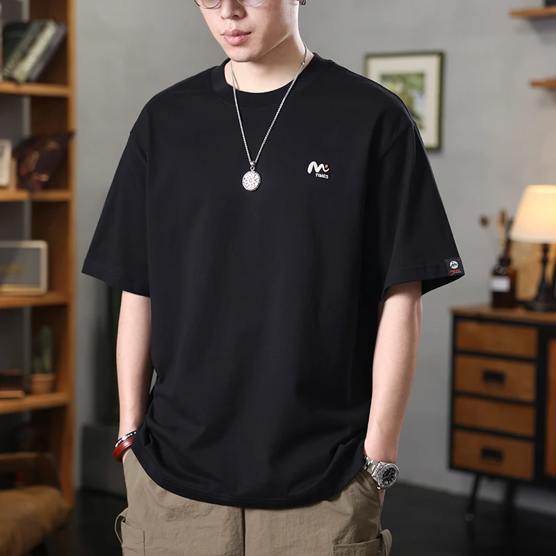 美式重磅纯棉短袖t恤男士潮牌刺绣圆领体恤夏季宽松休闲半袖上衣