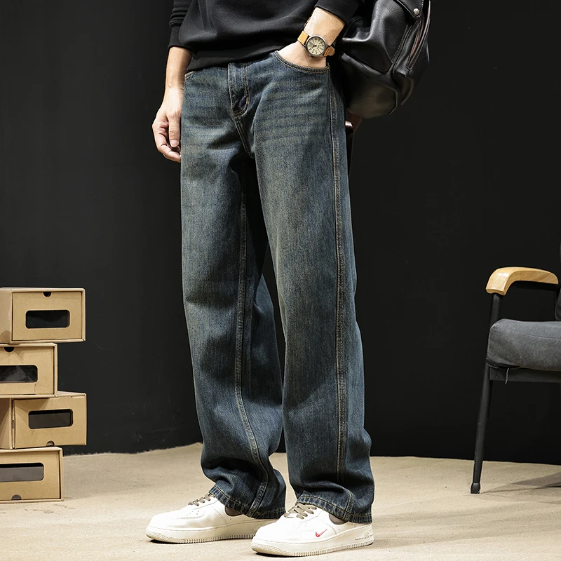 蓝色直筒牛仔裤男士秋冬新款潮牌美式宽松大码复古加绒休闲长裤子
