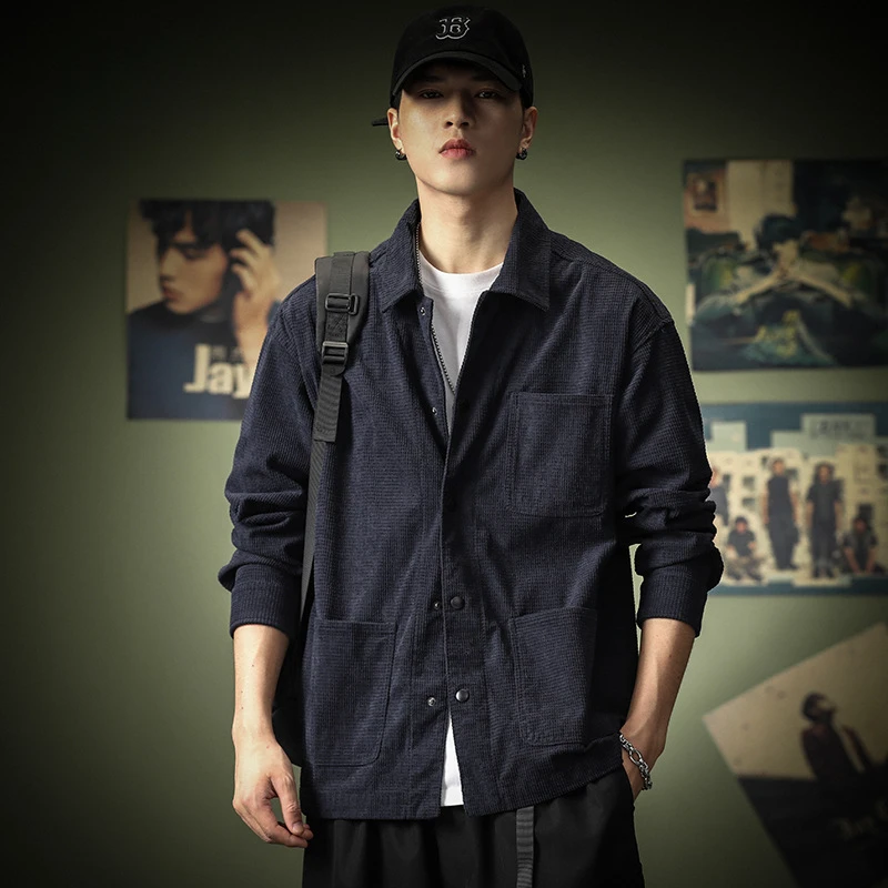美式休闲长袖衬衫男士春秋新款宽松上衣外套复古藏青色工装衬衣潮
