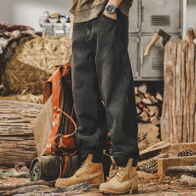 美式重磅水洗经典黑色牛仔裤男春秋季直筒宽松大码休闲直脚长裤子