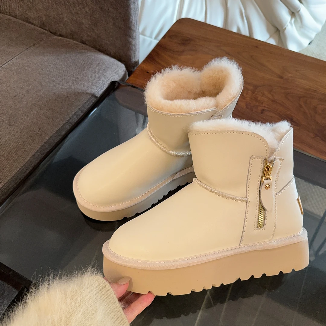 厚底雪地靴2025冬季新款女皮毛一体短筒靴子防滑保暖加厚东北棉鞋