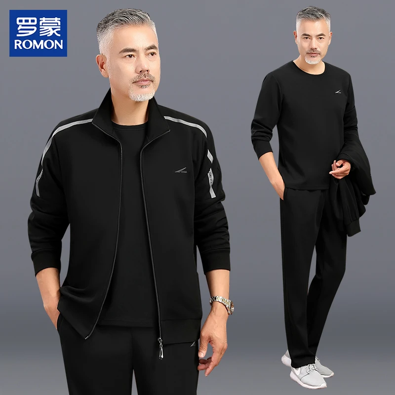 罗蒙洋气爸爸2025新款春秋运动套装时尚中老年男士纯色休闲三件套
