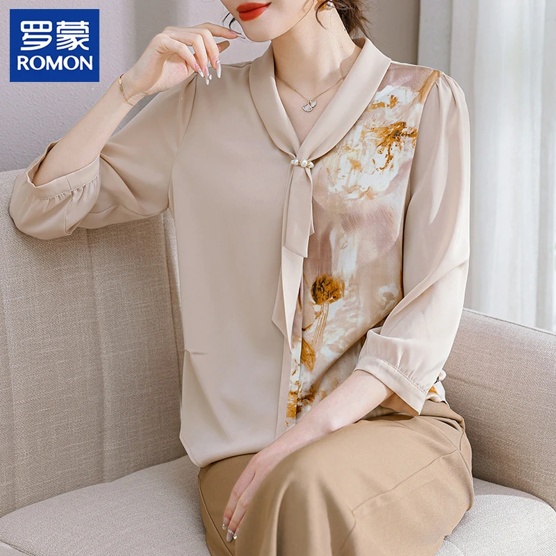 罗蒙中年妈妈春装时尚印花小衫套装中老年女春秋季百搭上衣两件套
