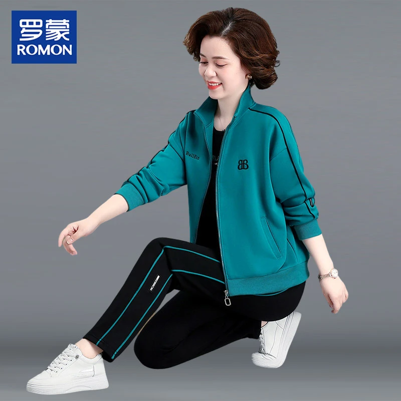 罗蒙品牌妈妈春装时尚运动套装中年女外套中老年人春秋洋气两件套