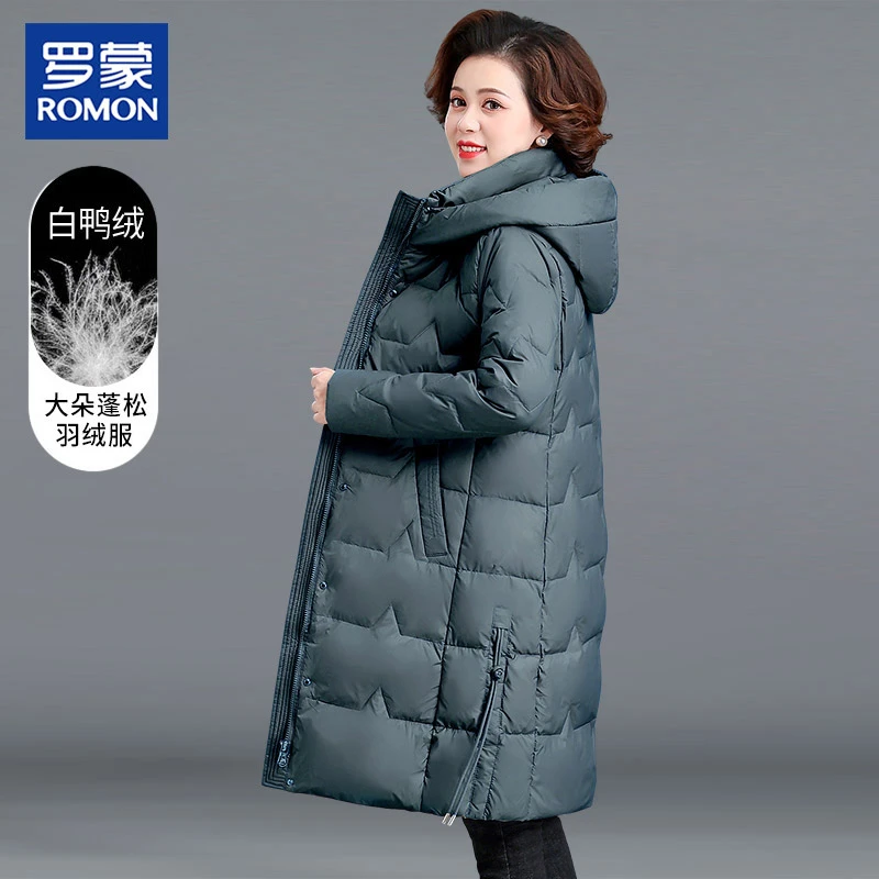 罗蒙名牌妈妈冬装中长款羽绒服中老年女装冬季白鸭绒保暖连帽外套