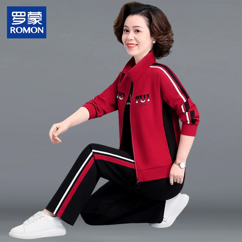 罗蒙品牌妈妈高档春装运动套装洋气新款中老年女时尚春秋季三件套