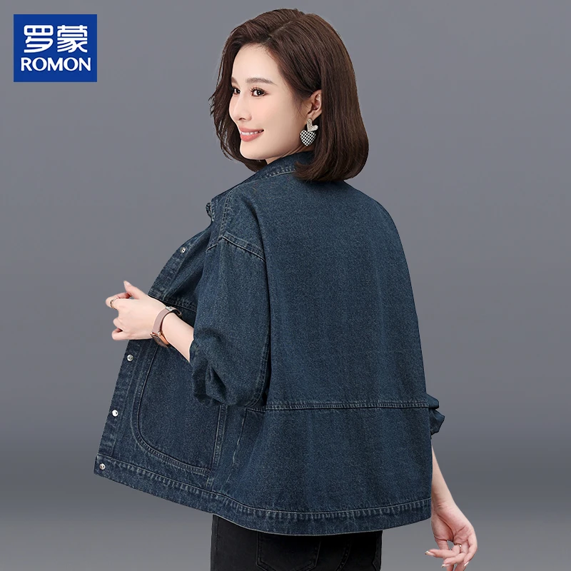 罗蒙年轻妈妈春秋季牛仔外套中年女纯色开衫中老年人宽松休闲上衣