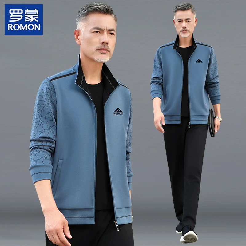 罗蒙名牌中老年运动服套装男春秋爸爸春装新款中年男士休闲三件套