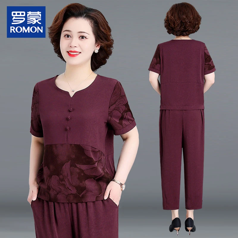 罗蒙妈妈夏装套装2024新款洋气中老年女奶奶装短袖花色t恤两件套