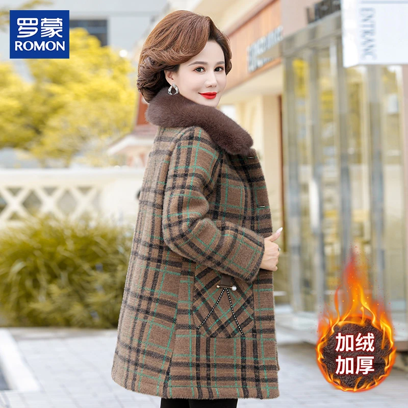 罗蒙中年妈妈洋气毛呢大衣冬装加绒加厚新款中老年人女装格子外套
