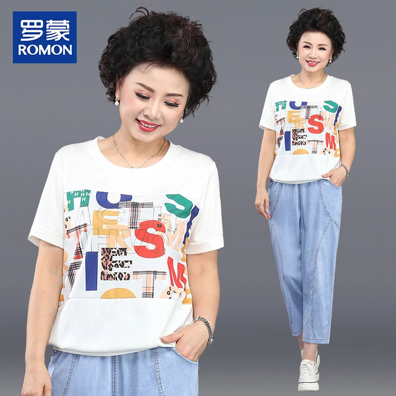 罗蒙名牌妈妈夏装t恤套装2025新款短袖洋气中老年女装夏季两件套